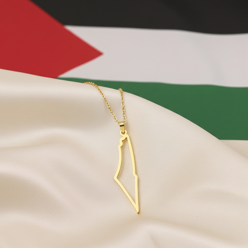 Detalle silueta Palestina en dorado, acabado pulido brillante bandera palestina