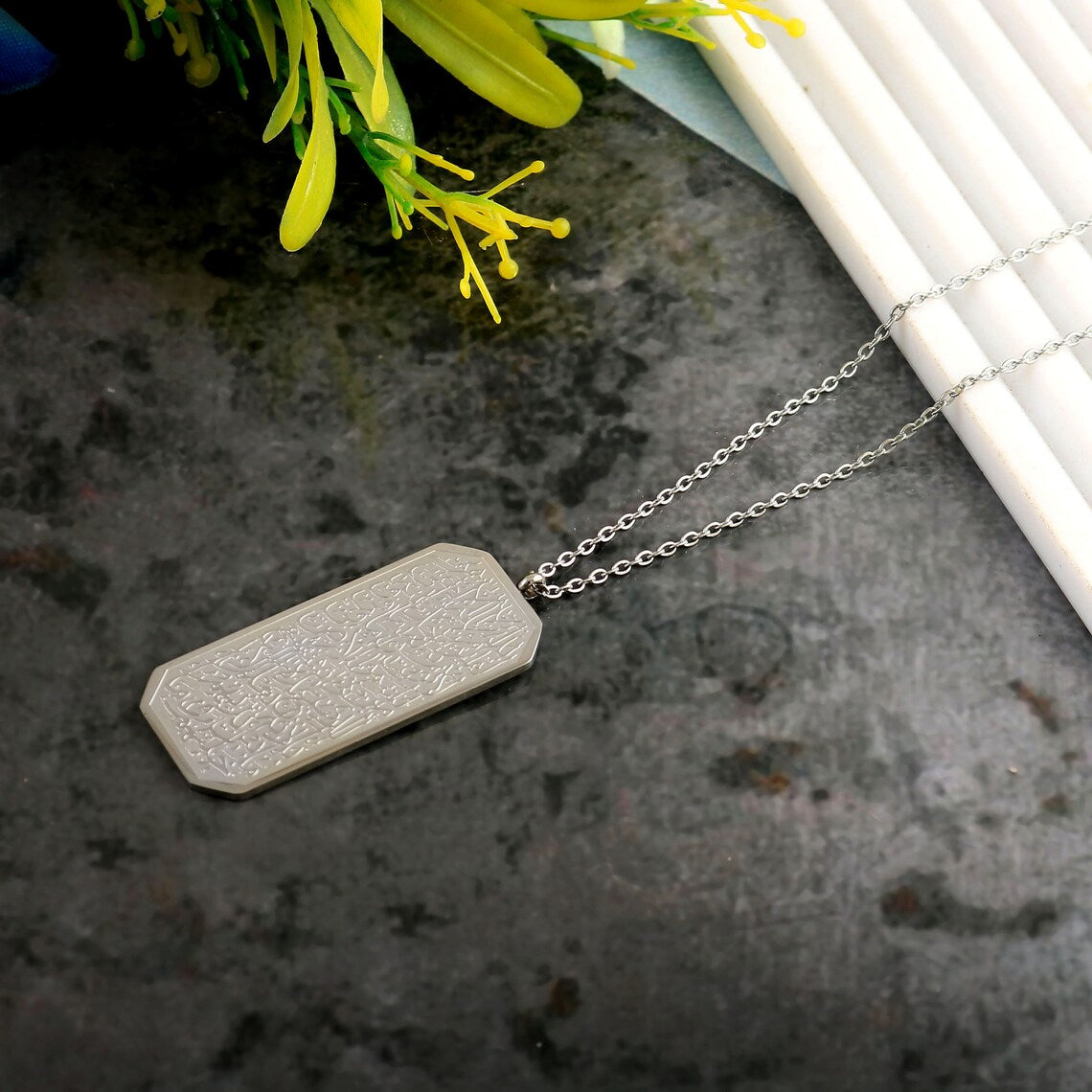 Silver Ayatul Kursi tag pendant necklace