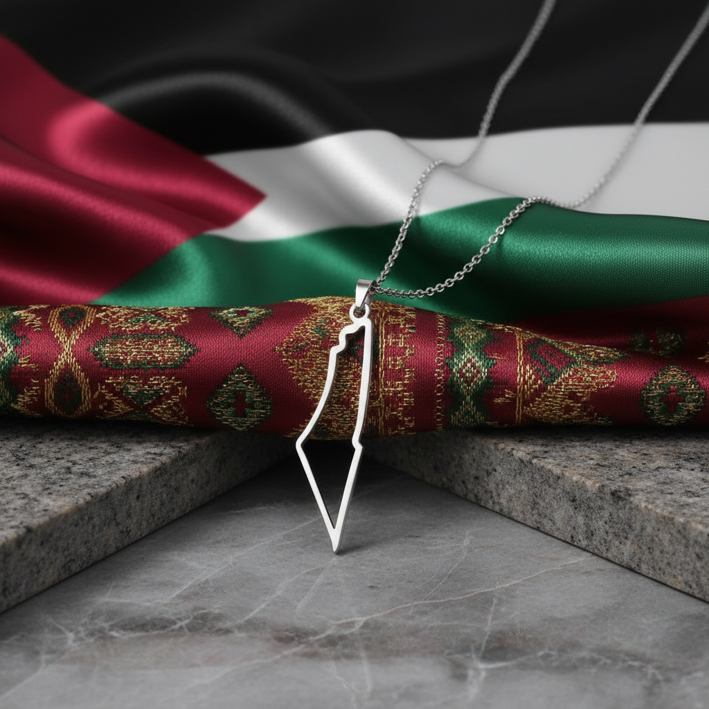 Joyería Palestina en plata, colgante silueta geográfica detallada